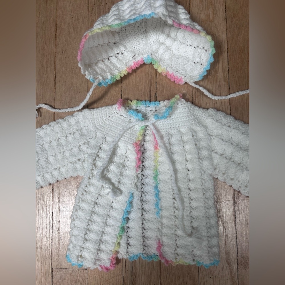 Handmade White Crochet Baby Matching Set with Pastel Trim - Bonnet & Cardigan